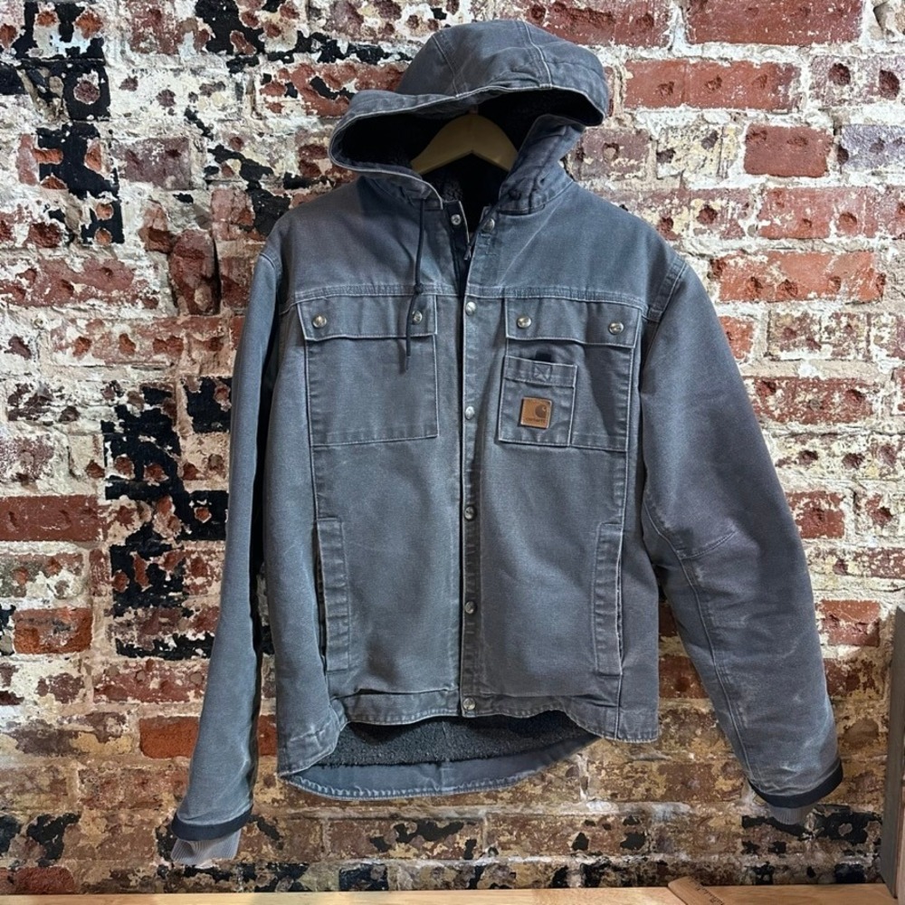 Carhartt J284 GVL Hooded Canvas Snap Button Sherpa Lined Jacket Gray Mens Small